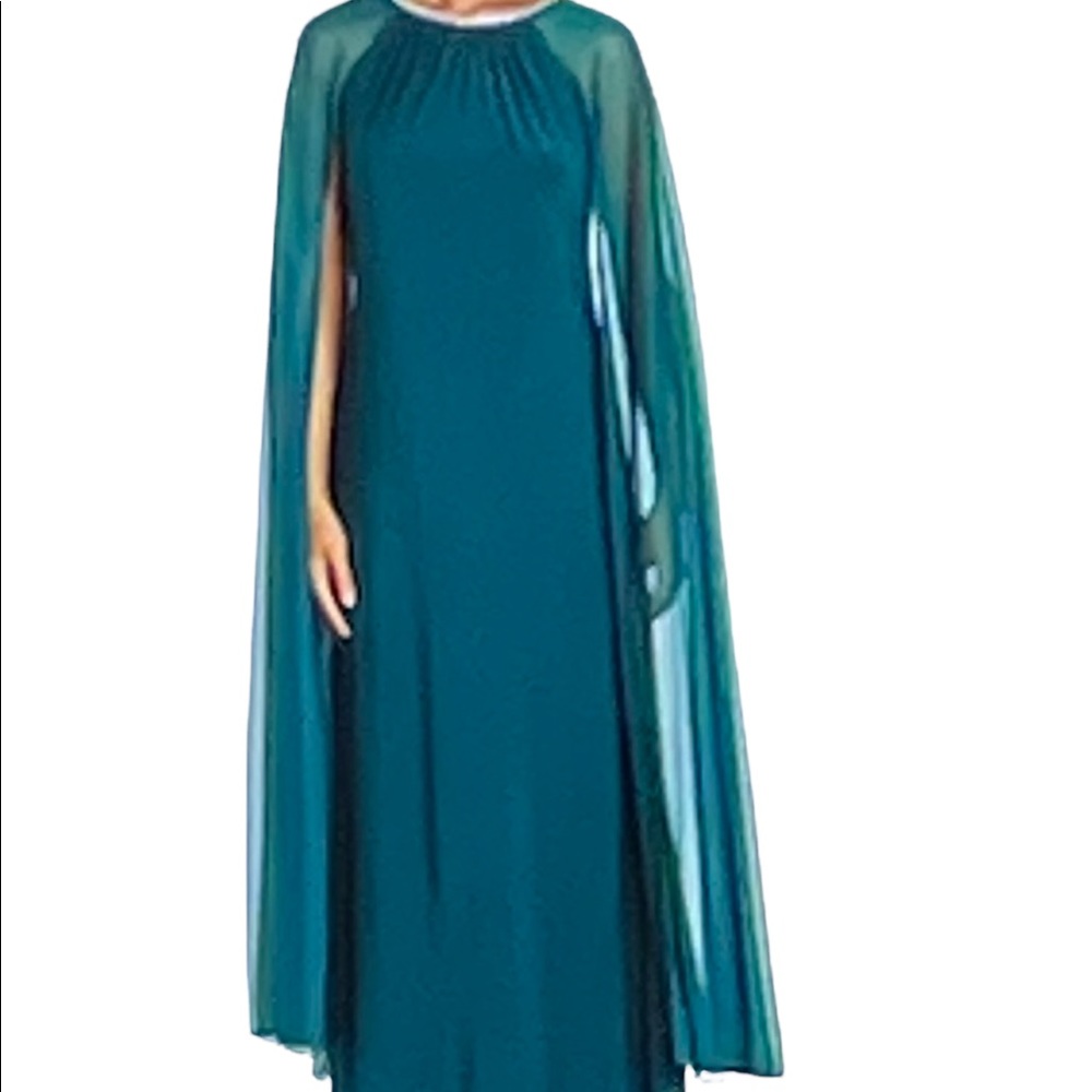 R & M Richards Teal Sheer Cape Maxi Dress